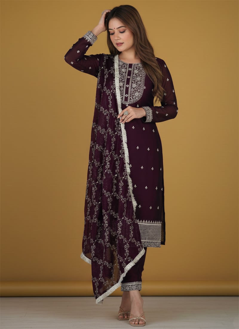 Wine Rangoli Silk Embroidered Straight Pant Suit Festive Wear