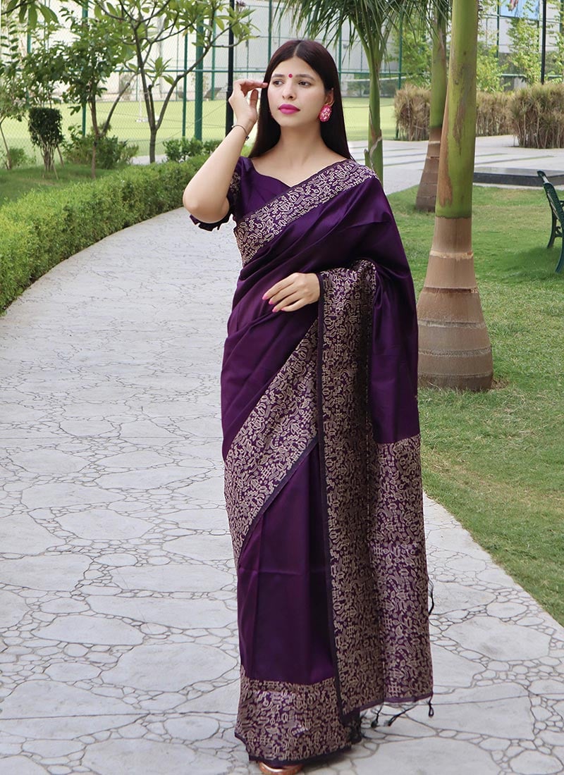 Wine Raw Silk Printed Saree Festive Wear