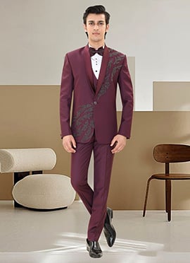 Wine Rayon Beads Hand Embroidered Party Suit
