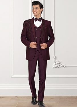 Wine Rayon Beads Hand Embroidered Suit