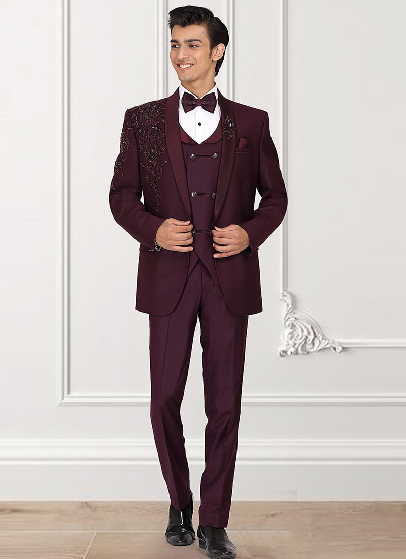 Wine Rayon Beads Hand Embroidered Suit Wedding Wear