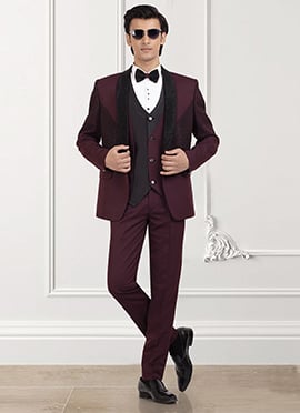 Wine Rayon Beads Hand Embroidered Suit