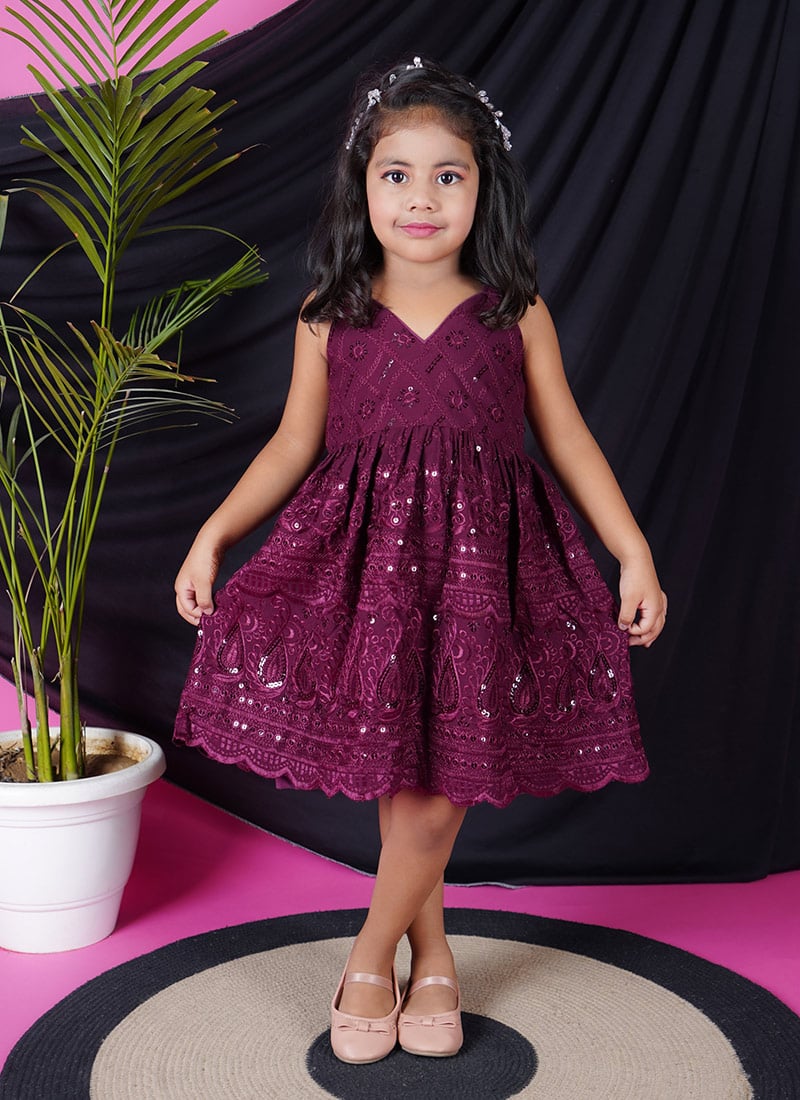 Wine Rayon Embroidered Sequins A Line Dress Festive Wear