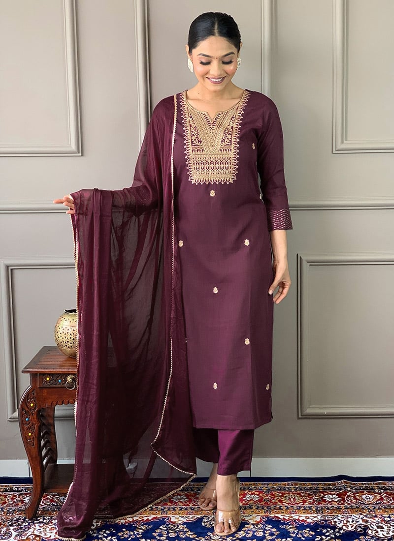 Wine Rayon Embroidered Straight Pant Suit After Six Wear