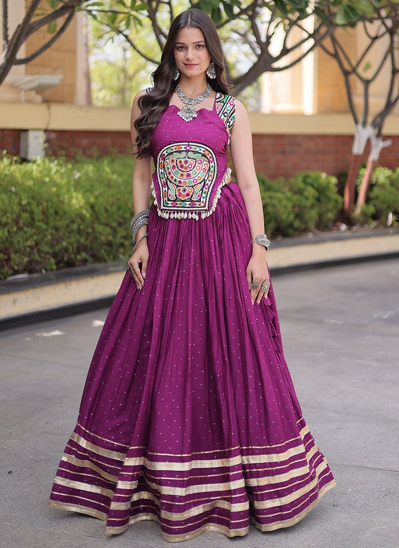 Wine Rayon Gamthi Mirror Work Indo Western Navratri Skirt Set Festive Wear