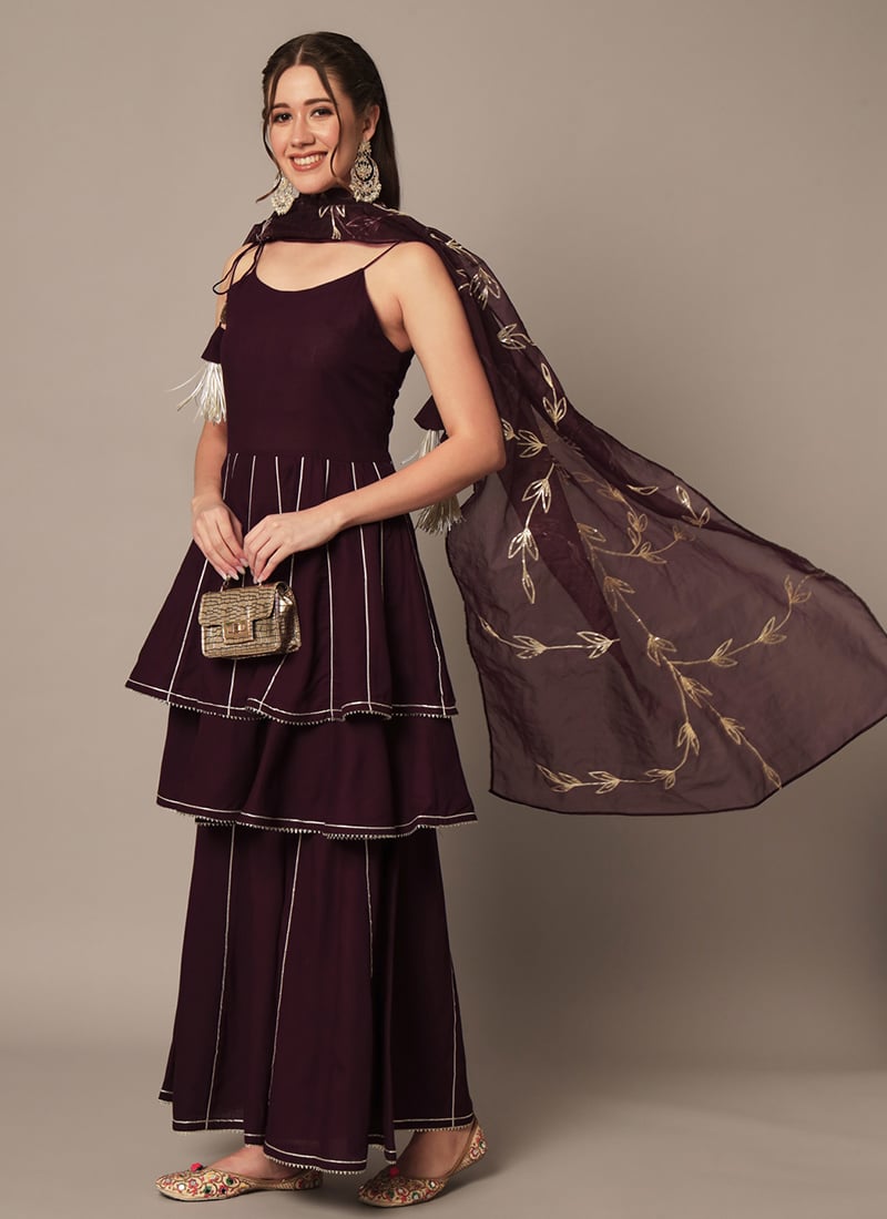 Wine Rayon Gota Work Sharara Suit