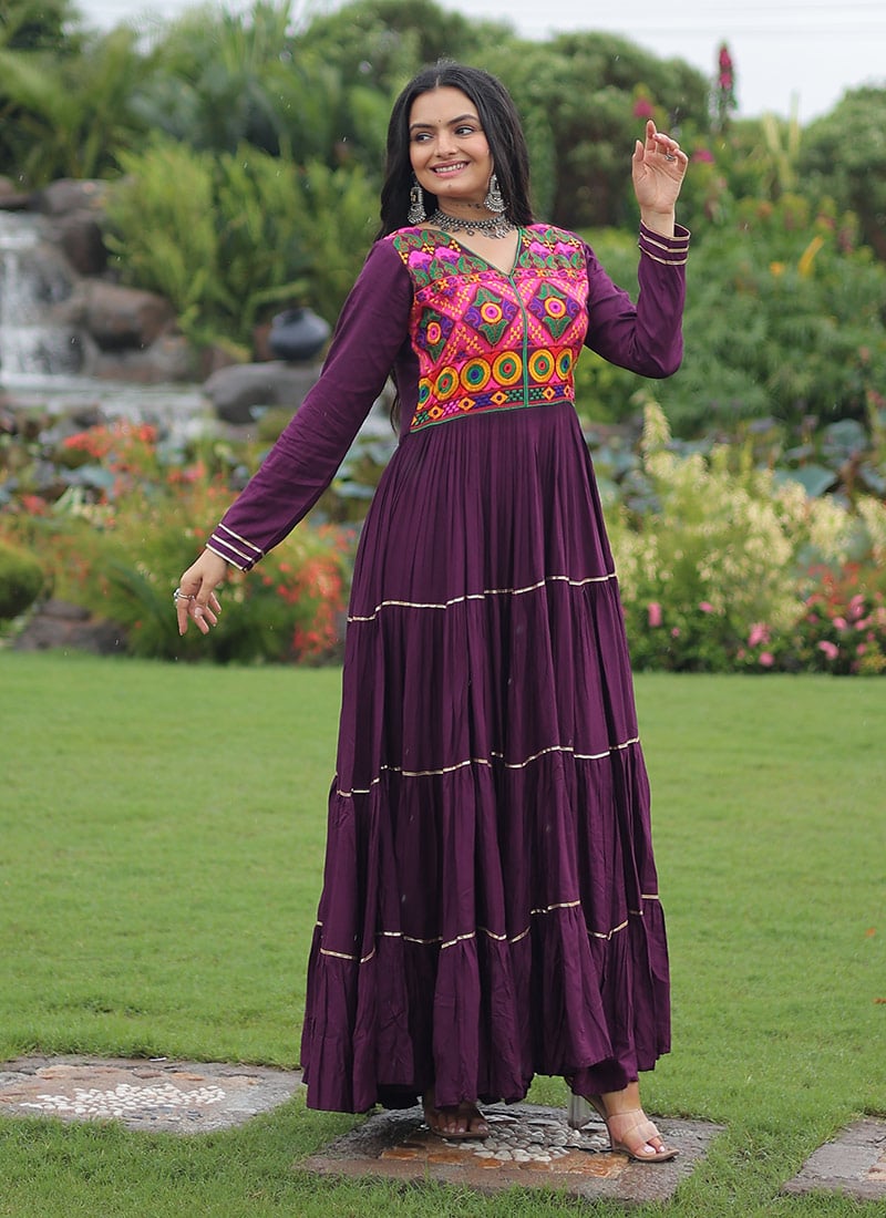 Wine Rayon Kutch Gamthi Lace Work Anarkali Gown