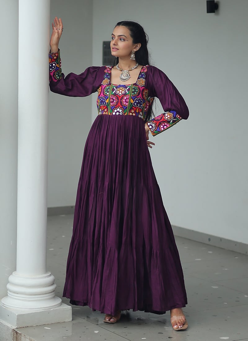 Wine Rayon Kutch Gamthi Work Anarkali Gown Festive Wear