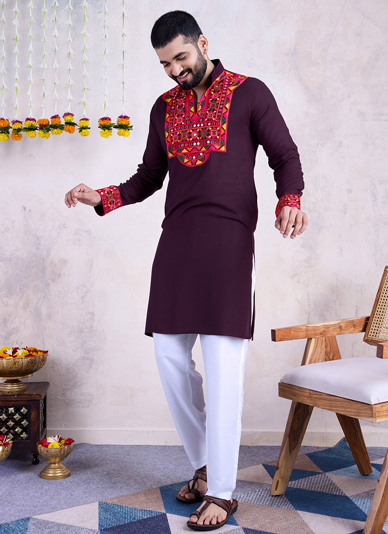 Wine Rayon Kutch Work Kurta