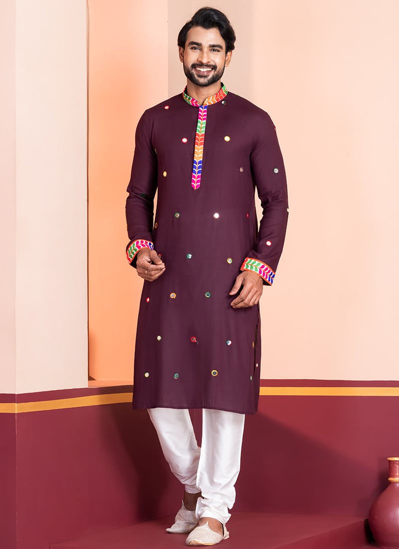 Wine Rayon Kutch Work Kurta Pyjama Festive Wear