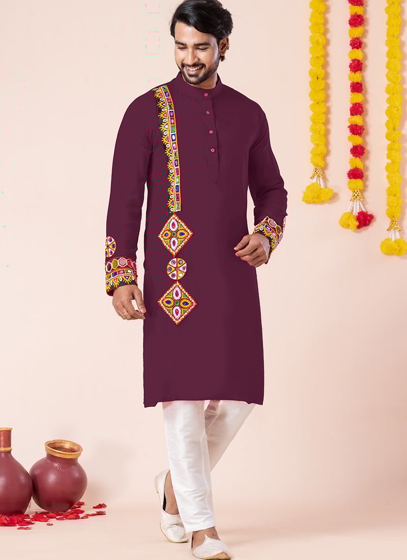 Wine Rayon Kutch Work Kurta Pyjama Festive Wear