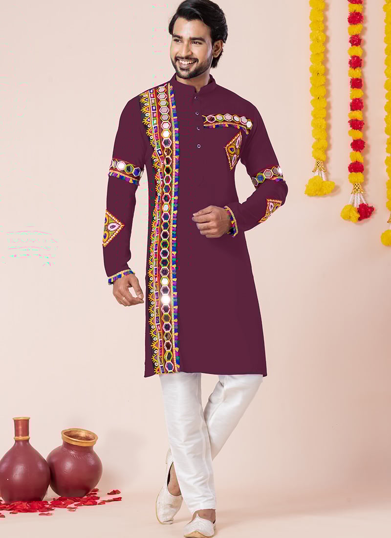 Wine Rayon Kutch Work Kurta Pyjama Festive Wear