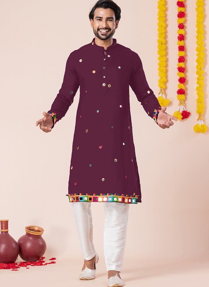 Wine Rayon Kutch Work Kurta Pyjama Festive Wear