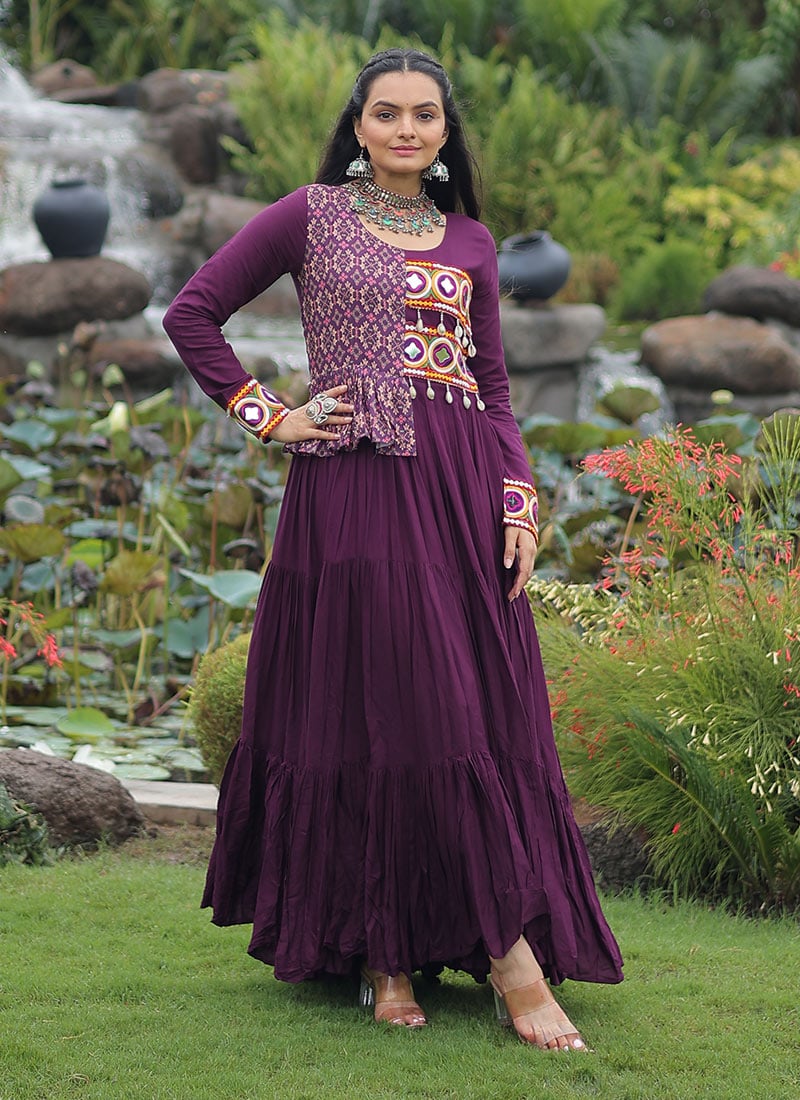 Wine Rayon Kutch Work Printed Fit And Flare Dress After Six Wear