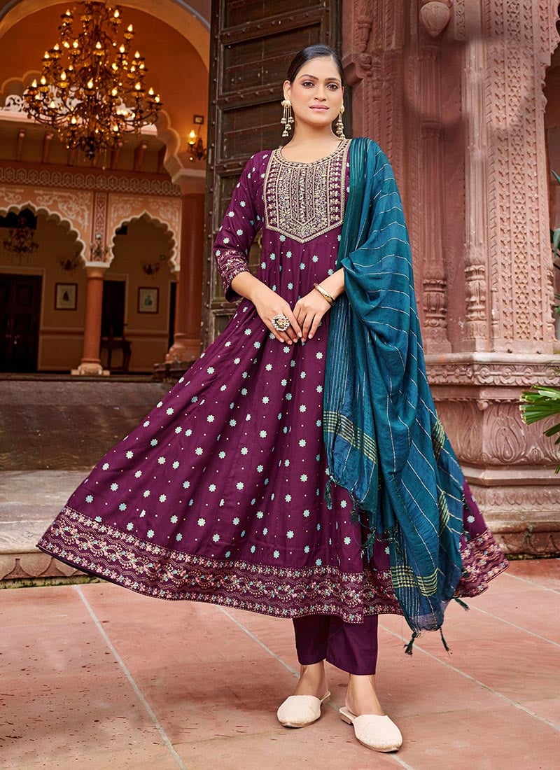 Wine Rayon Sequins Embroidered And Foil Print Anarkali Suit After Six Wear