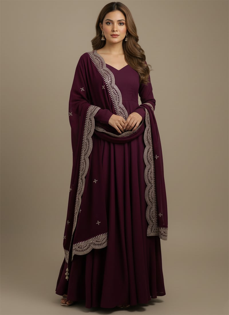 Wine Roman Silk Chanderi Embroidered Sequins Anarkali Suit Festive Wear