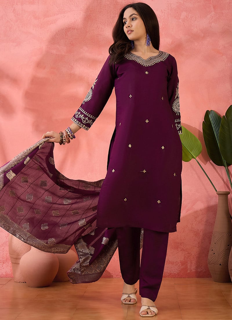 Wine Roman Silk Embroidered Straight Pant Suit With Jacquard Dupatta