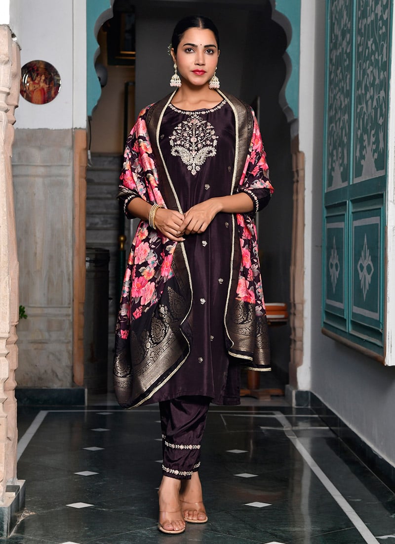 Deep Wine Russian Silk Embroidered Straight Pant Suit Festive Wear