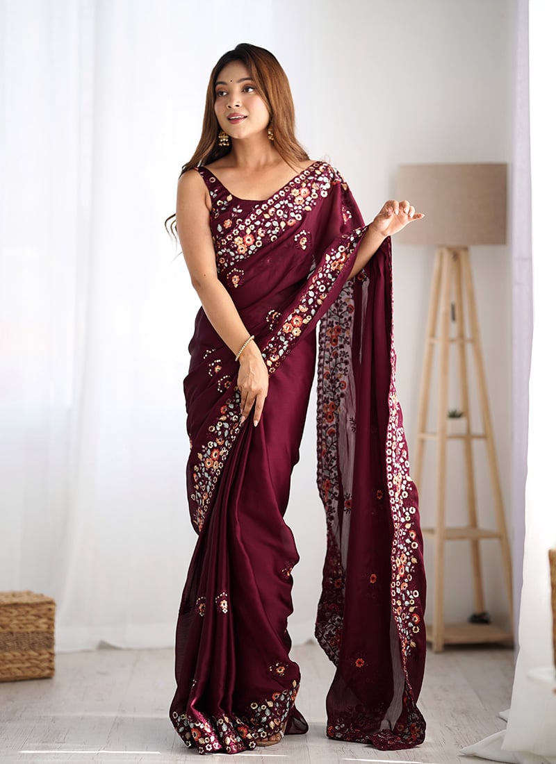 Wine Satin Chiffon Embroidered Sequins Saree After Six Wear