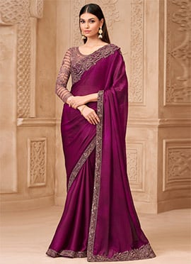 Wine Satin Embroidered Sequins Saree