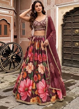 Wine Satin Silk Digital Print Cutdana Sequins Lehenga Choli