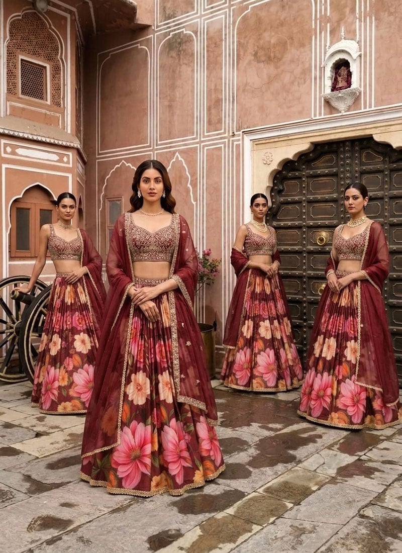 Wine Satin Silk Digital Print Cutdana Sequins Lehenga Choli Wedding Wear
