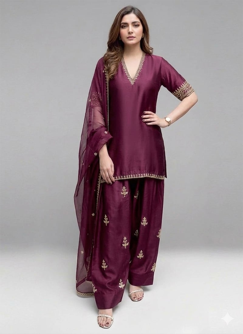 Wine Satin Silk Hand Embroidered Sequins Farshi Suit Festive Wear