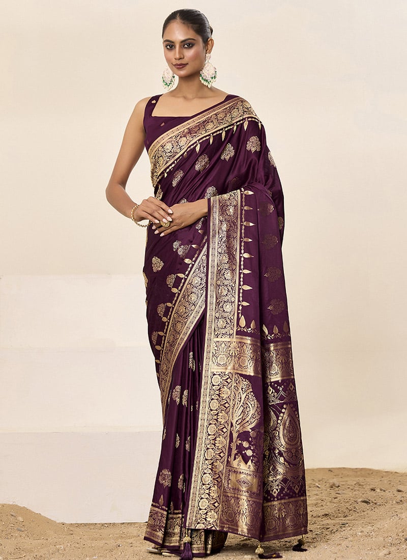Wine Satin Silk Jacquard Woven Saree