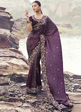 Wine Satin Silk Sequins Embroidered Stones Jacquard Thread Saree