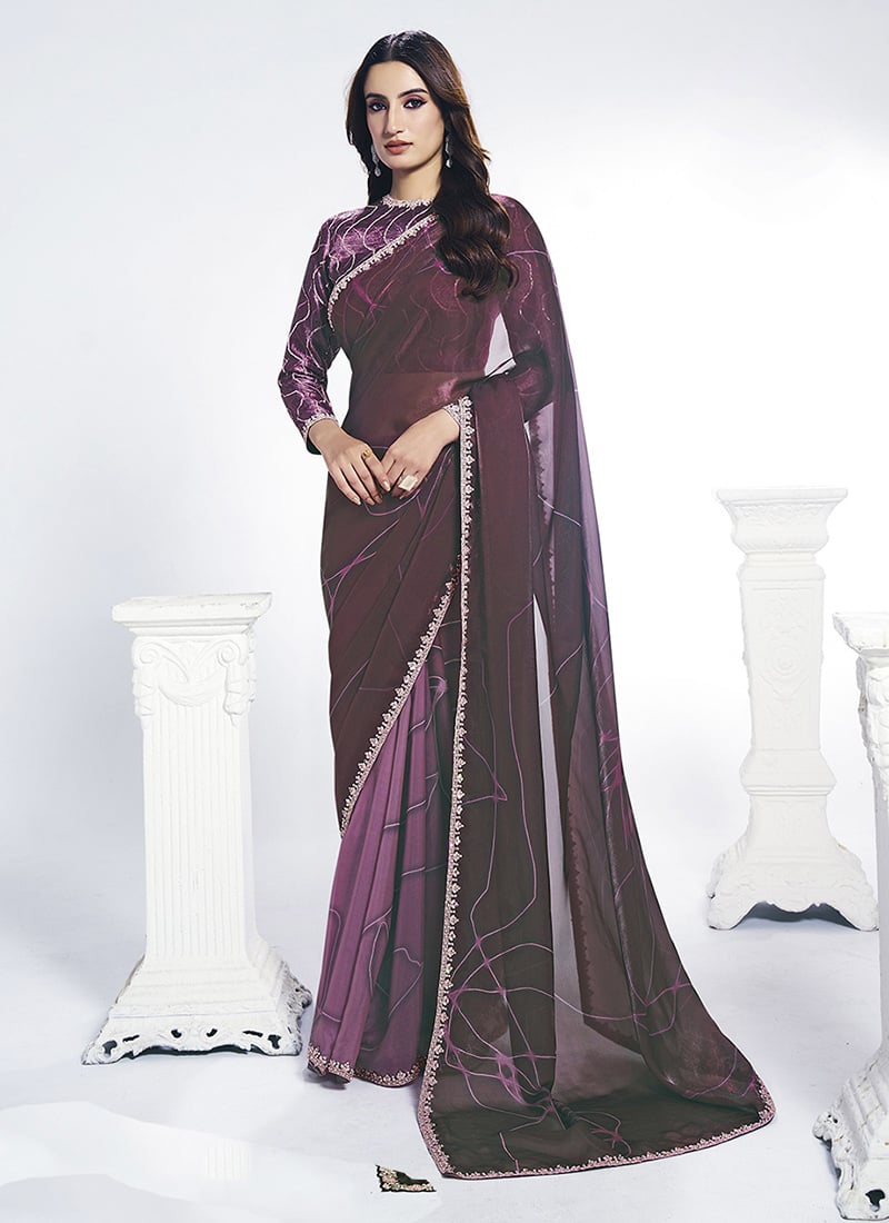 Wine Satin Silk Sequins Embroidery With Stone Saree Festive Wear