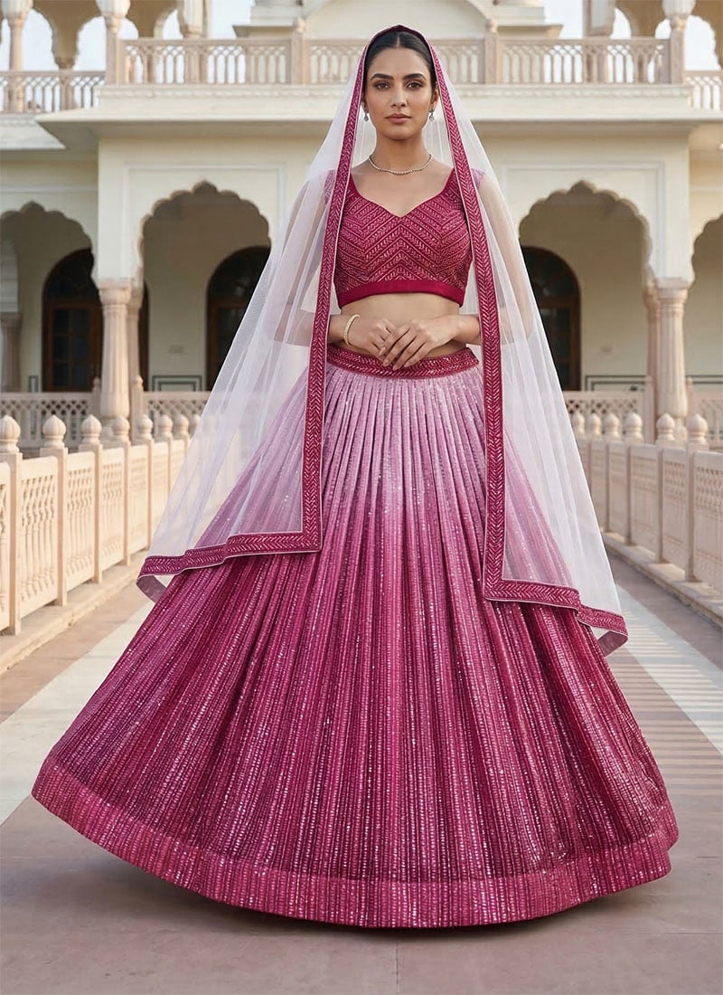 Wine Satin Silk Sequins Lehenga Wedding Wear