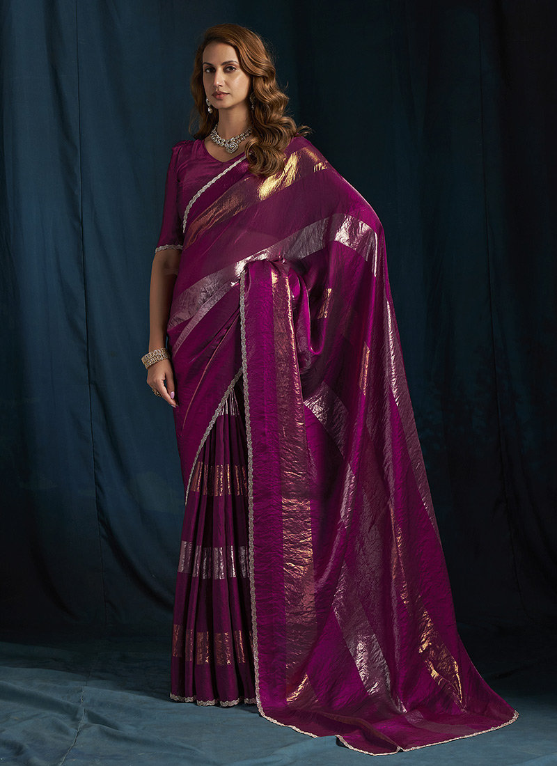 Wine Satin Silk Tikki Work Saree After Six Wear