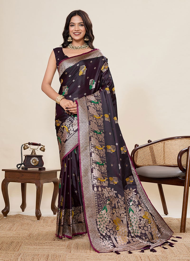 Wine Satin Silk Woven Zari And Foil Print Saree Festive Wear