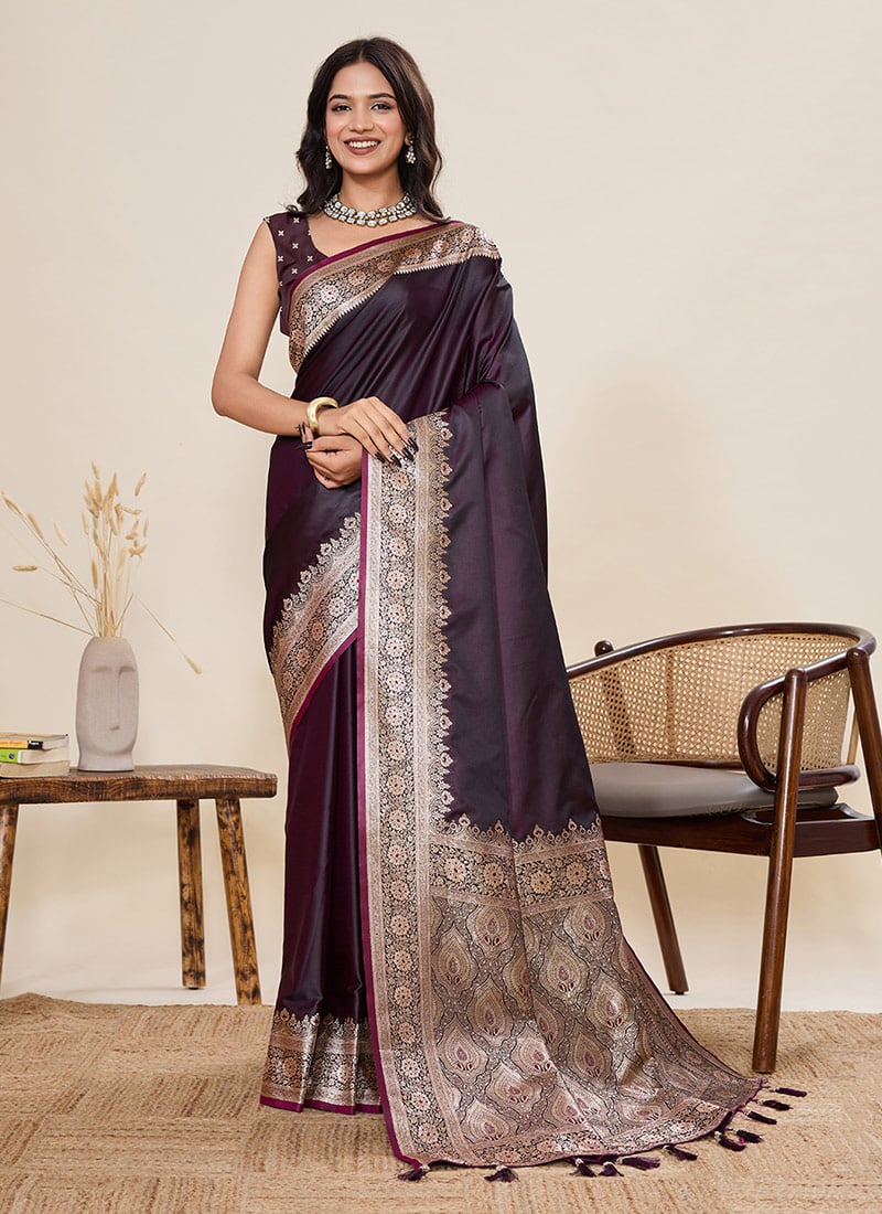 Wine Satin Silk Woven Zari Saree
