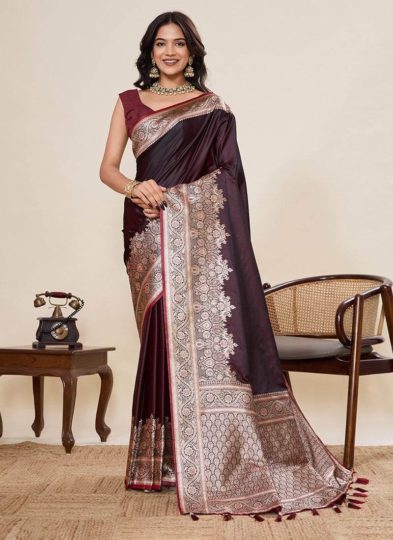 Wine Satin Silk Woven Zari Saree Festive Wear
