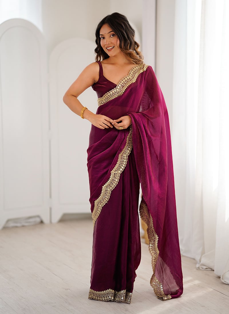 Wine Satin Silk Zari Embroidered Sequins Saree After Six Wear
