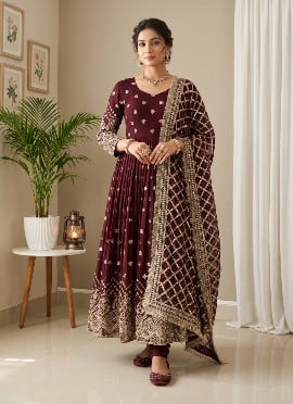 Wine Sequins Embroidered Georgette Anarkali Suit