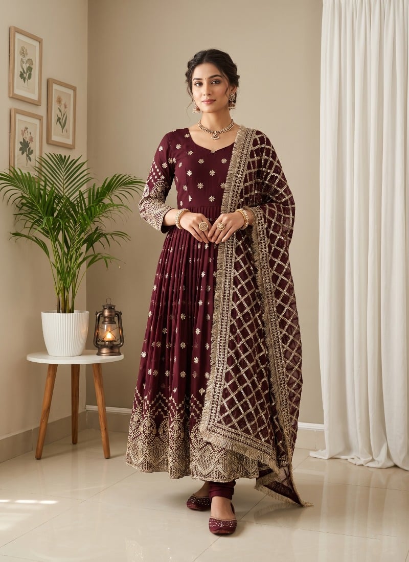 Wine Sequins Embroidered Georgette Anarkali Suit After Six Wear