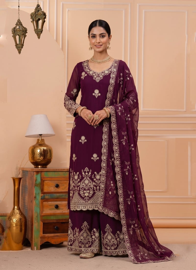 Wine Sequins Embroidered Georgette Palazzo Suit After Six Wear