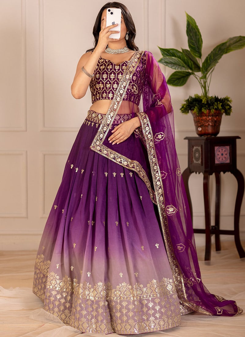 Wine Shimmer Silk Zari Embroidered Sequins Lehenga