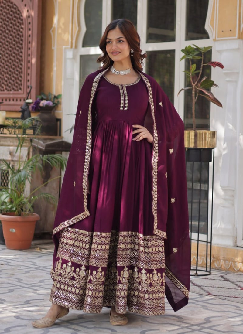 Wine Shimmer Vichitra Embroidered Sequins Anarkali Suit Festive Wear
