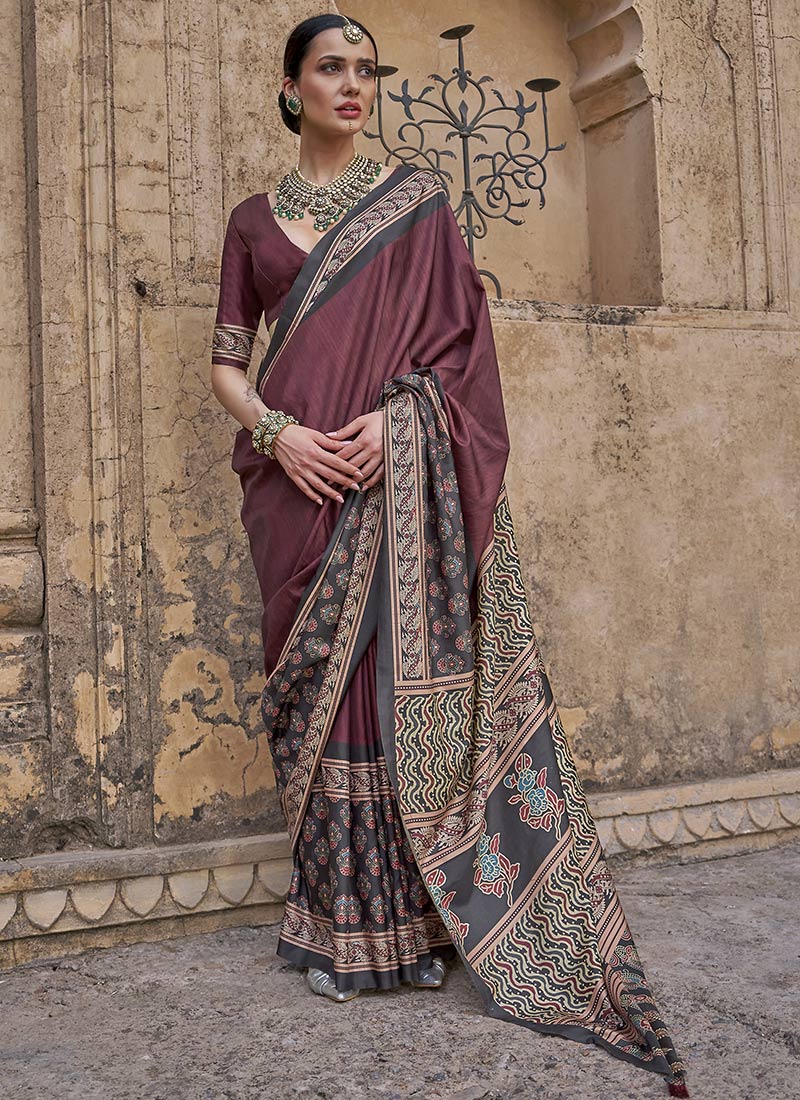 Wine Silk Ajrakh Print Saree After Six Wear
