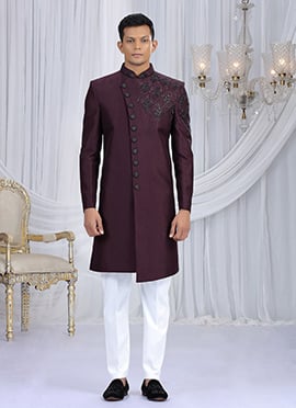 Wine Silk Beads Sequins Hand Embroidered Cutdana Indowestern Sherwani Wedding Wear