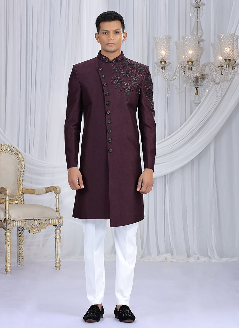 Wine Silk Beads Sequins Hand Embroidered Cutdana Indowestern Sherwani
