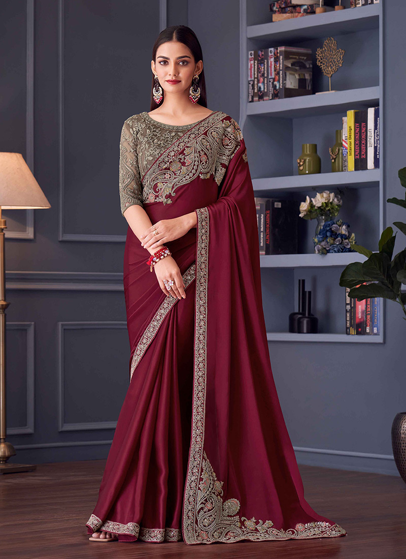 Wine Silk Chiffon Embroidered Sequins Saree Festive Wear