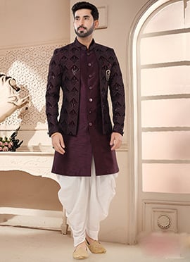 Wine Silk Classic Sherwani Jacquard Zari Embroidered Sequins Jacket With Dhoti Pants