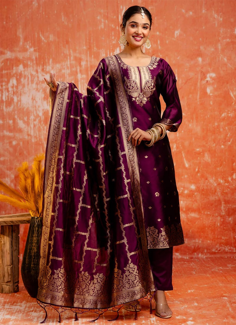 Wine Silk Cotton Jacquard Straight Pant Suit Festive Wear