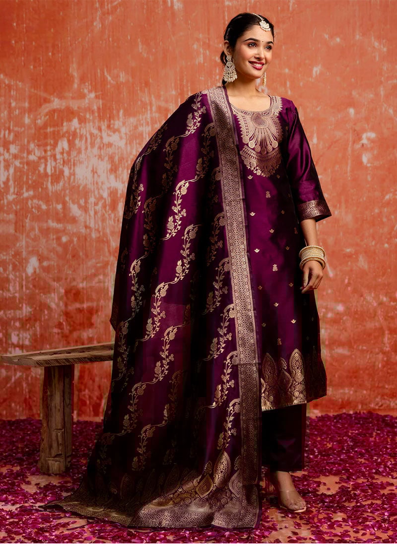 Wine Silk Cotton Jacquard Straight Pant Suit