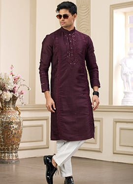 Wine Silk Embroidered  Kurta Pyjama