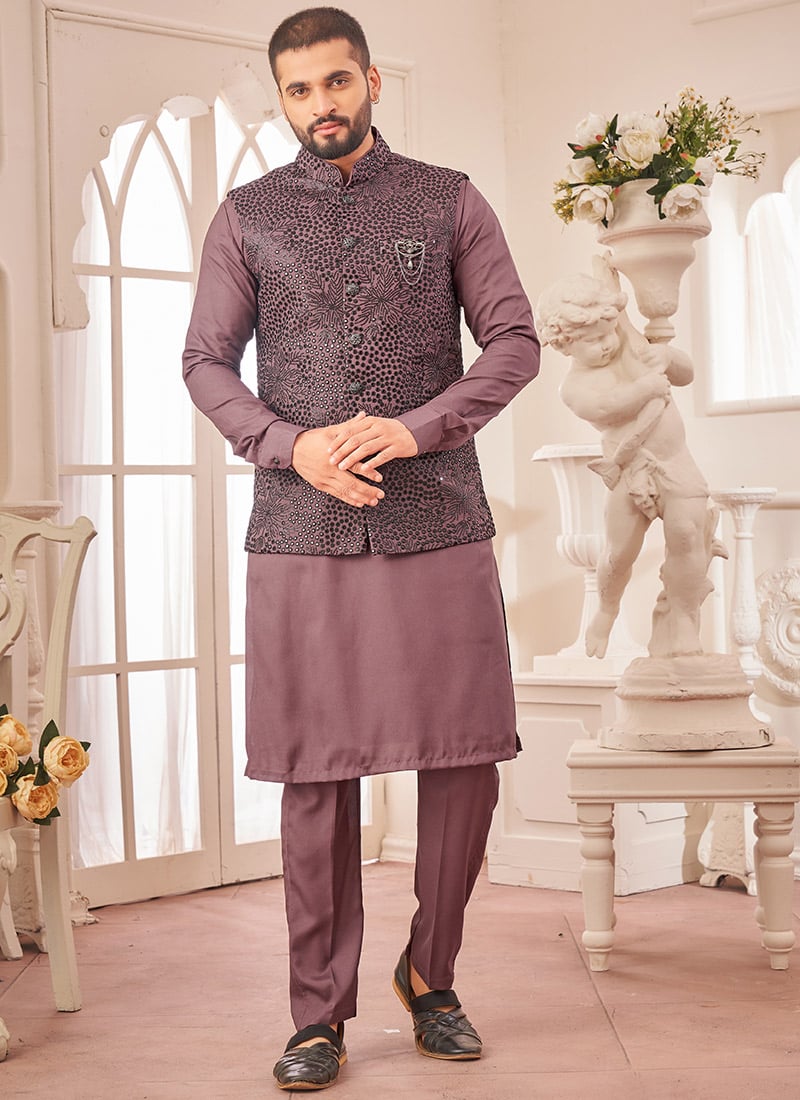 Wine Silk Embroidered Bandi Set Festive Wear